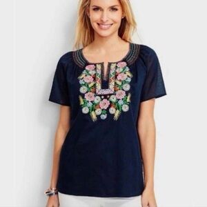 TALBOTS Top Navy Floral Embroidered Bib Split Neck Peasant Cotton Women’s Sz XL